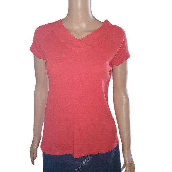 Soft Surroundings Sz S Pink Double V Neck Timely Ribbed Knit Short Sleeve Top - Picture 1 of 8